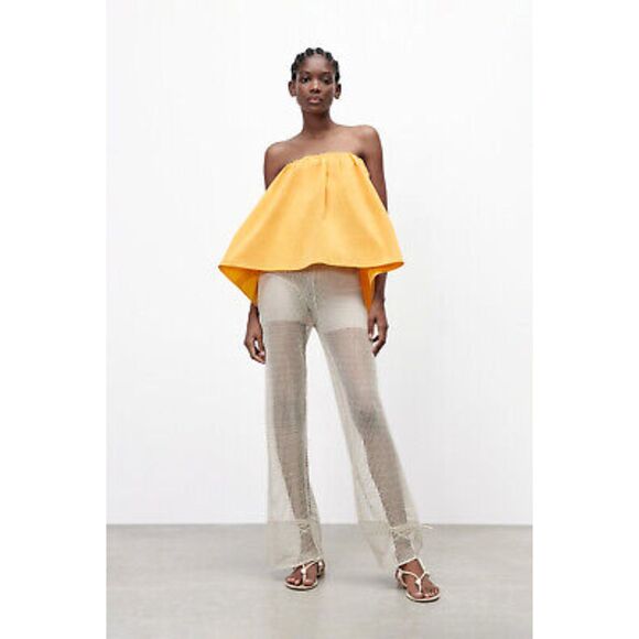 Zara Tops - Orange Zara Boho Strapless Elastic Off-the-Shoulder Flounce Pull-On Top (NWT)